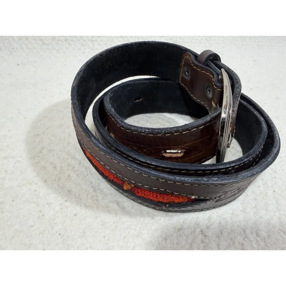 Vintage Leather Belt Western Tooled Brown Wool Inlay Boho Rustic 36